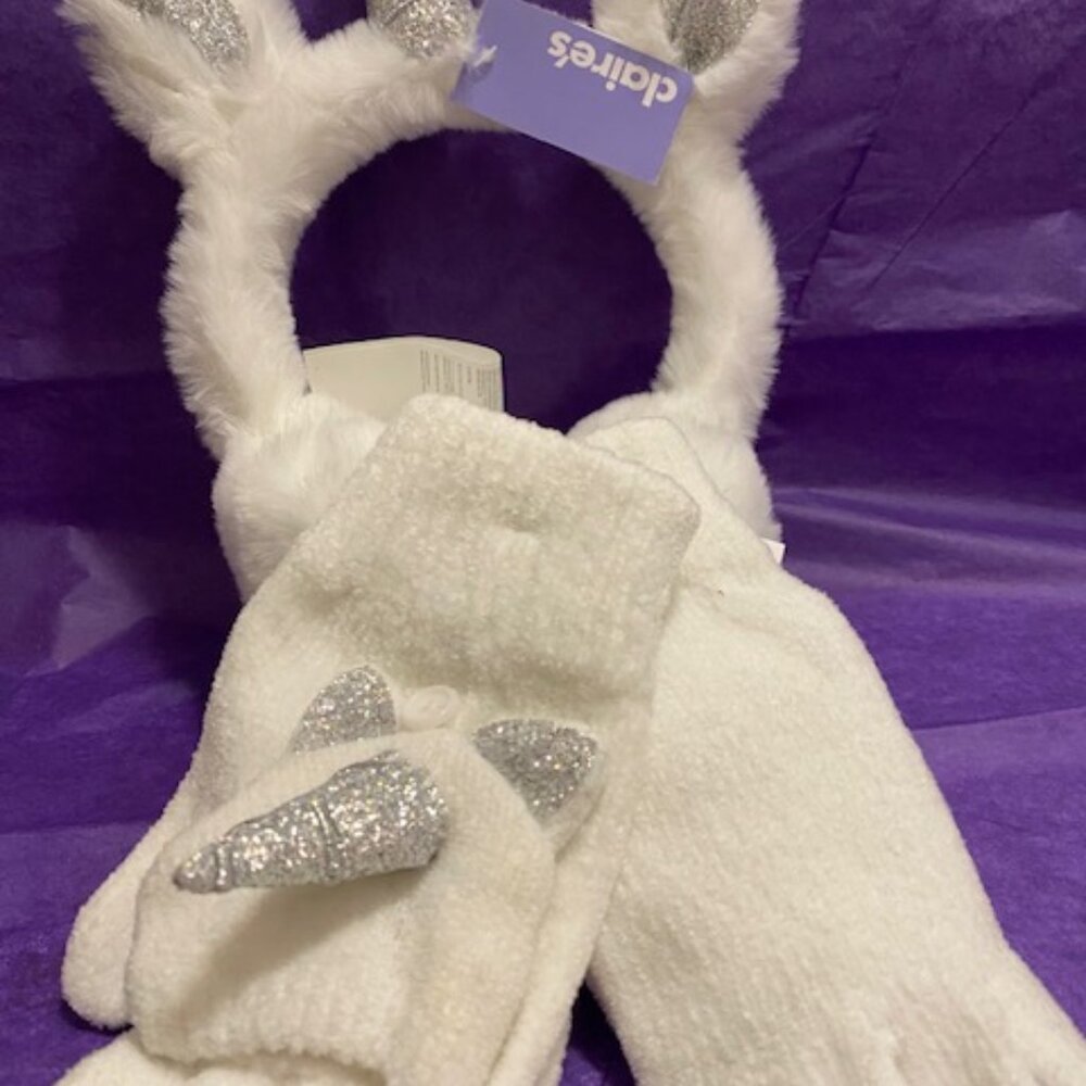 Claire's Unicorn Ear Muffs and Gloves with finger Over (Girls) White and Silver